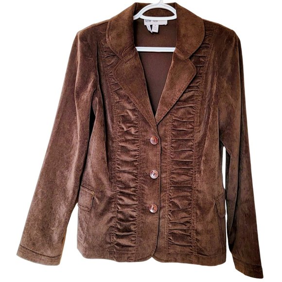 Lana Lee Women's Jacket Brown Corduroy Ruffled Trim Details Small (GUC) - Picture 2 of 8